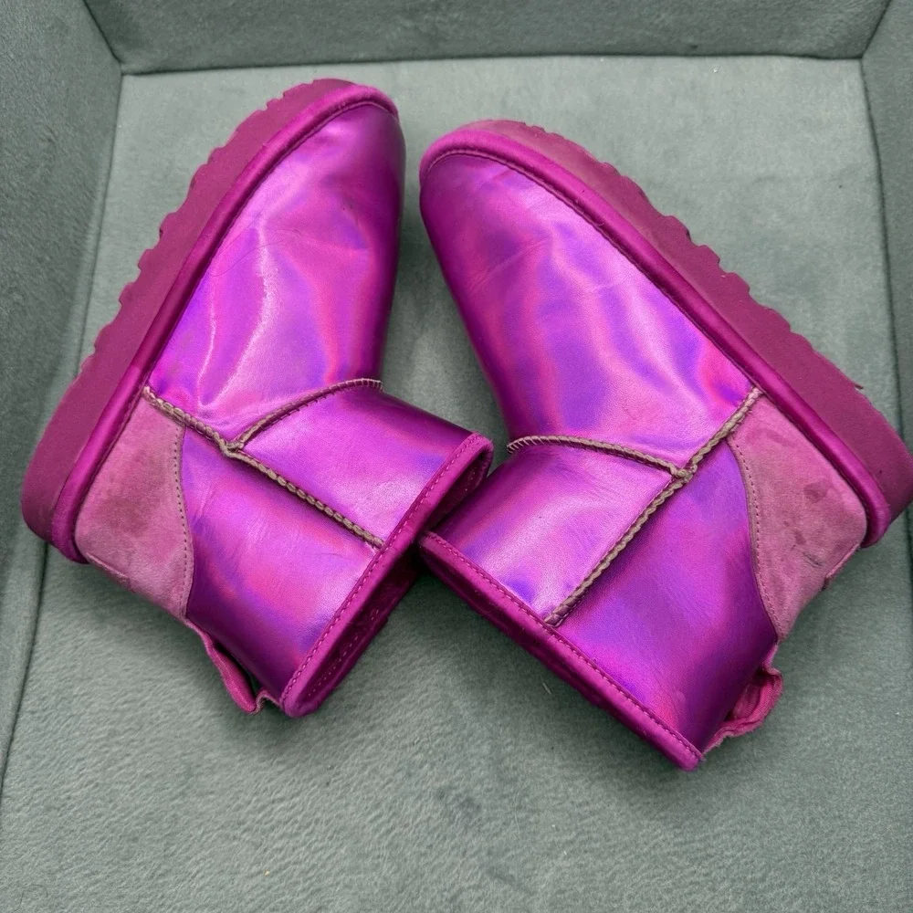 UGG Classic Mini Iridescent Pink Metallic Leather Boots Women's Size 5